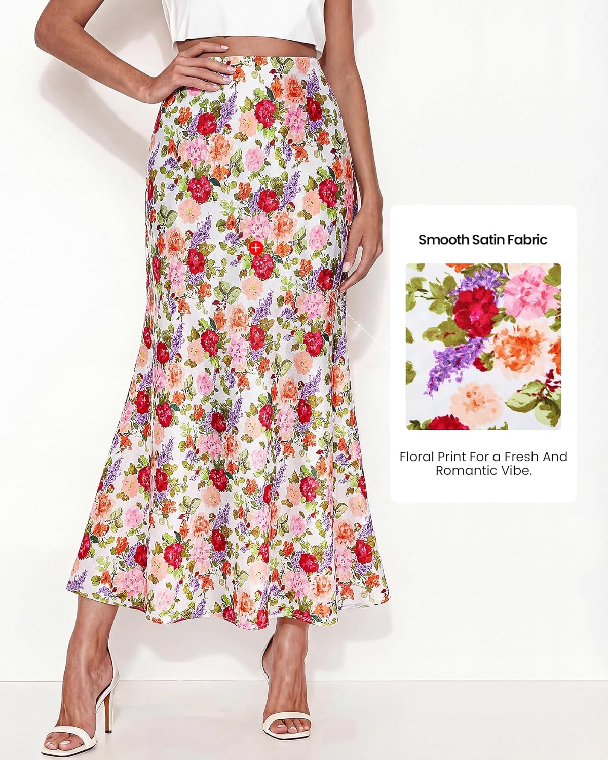 image:imageBTFBM Midi Skirts for Women 2026 Summer Spring Lightweight A Line High Waisted Wedding Guest Party Silk Long SkirtFloral White Multicolored