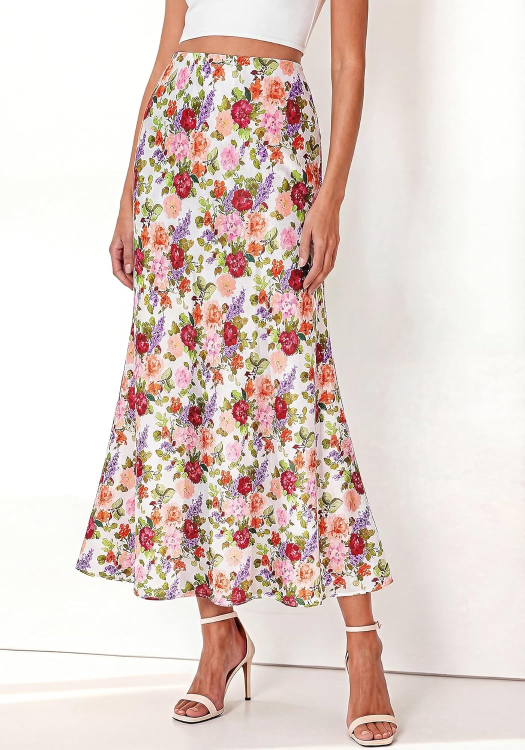 image:imageBTFBM Midi Skirts for Women 2026 Summer Spring Lightweight A Line High Waisted Wedding Guest Party Silk Long SkirtFloral White Multicolored