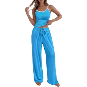 image:imageBTFBM Lounge Sets For Women 2026 Striped 2 Piece Pajama Sets Spaghetti Strap Tops Wide Leg Pants Beach Vacation OutfitsStriped Blue Purple