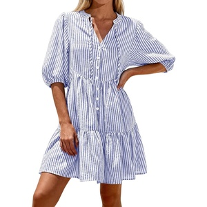 image:imageBTFBM Womens Summer Dresses 2026 Striped Mini Dress Half Sleeve Button Down Casual Flowy Beach Vacation Outfits PocketsBlue