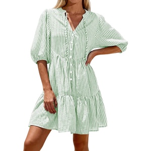 image:imageBTFBM Womens Summer Dresses 2026 Striped Mini Dress Half Sleeve Button Down Casual Flowy Beach Vacation Outfits PocketsGreen