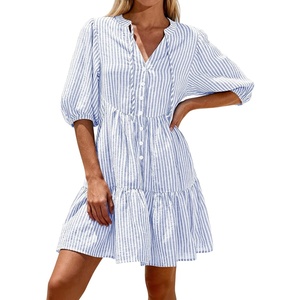 image:imageBTFBM Womens Summer Dresses 2026 Striped Mini Dress Half Sleeve Button Down Casual Flowy Beach Vacation Outfits PocketsLight Blue