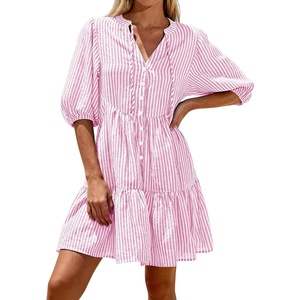 image:imageBTFBM Womens Summer Dresses 2026 Striped Mini Dress Half Sleeve Button Down Casual Flowy Beach Vacation Outfits PocketsPink