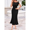 image:imageBTFBM Womens Summer Dresses 2026 Asymmetrical Neck Short Sleeve Pleated Knit Spring Sweater Midi Dress Business CasualBlack