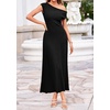 image:imageBTFBM Womens Summer Dresses 2026 Asymmetrical Neck Short Sleeve Pleated Knit Spring Sweater Midi Dress Business CasualBlack