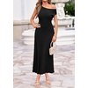 image:imageBTFBM Womens Summer Dresses 2026 Asymmetrical Neck Short Sleeve Pleated Knit Spring Sweater Midi Dress Business CasualBlack