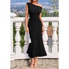 image:imageBTFBM Womens Summer Dresses 2026 Asymmetrical Neck Short Sleeve Pleated Knit Spring Sweater Midi Dress Business CasualBlack