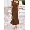 image:imageBTFBM Womens Summer Dresses 2026 Asymmetrical Neck Short Sleeve Pleated Knit Spring Sweater Midi Dress Business CasualBrown