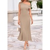 image:imageBTFBM Womens Summer Dresses 2026 Asymmetrical Neck Short Sleeve Pleated Knit Spring Sweater Midi Dress Business CasualKhaki