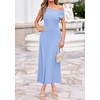 image:imageBTFBM Womens Summer Dresses 2026 Asymmetrical Neck Short Sleeve Pleated Knit Spring Sweater Midi Dress Business CasualLight Blue