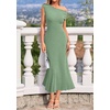 image:imageBTFBM Womens Summer Dresses 2026 Asymmetrical Neck Short Sleeve Pleated Knit Spring Sweater Midi Dress Business CasualSage Green