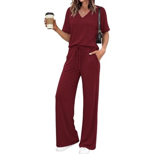 image:imageBTFBM Womens 2 Piece Outfits Casual Short Sleeve Lounge Set Summer Fashion 2026 Tracksuits Matching Sets Travel ClothesBurgundy