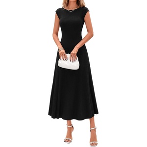 image:imageBTFBM Womens Summer Dresses 2026 Asymmetrical Neck Short Sleeve Pleated Knit Spring Sweater Midi Dress Business CasualBlack