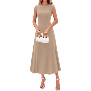 image:imageBTFBM Womens Summer Dresses 2026 Asymmetrical Neck Short Sleeve Pleated Knit Spring Sweater Midi Dress Business CasualKhaki