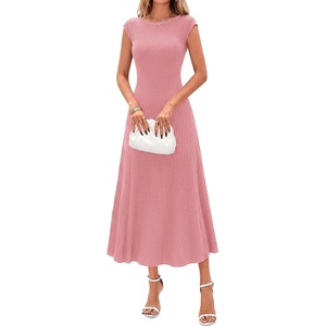 image:imageBTFBM Womens Summer Dresses 2026 Asymmetrical Neck Short Sleeve Pleated Knit Spring Sweater Midi Dress Business CasualPink