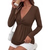 image:imageBTFBM Babydoll Tops for Women 2026 Fall Fashion Twist Front V Neck Flowy Long Sleeve Blouses Dressy Casual Peplum TopsBrown