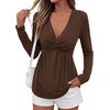 image:imageBTFBM Babydoll Tops for Women 2026 Fall Fashion Twist Front V Neck Flowy Long Sleeve Blouses Dressy Casual Peplum TopsBrown