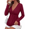 image:imageBTFBM Babydoll Tops for Women 2026 Fall Fashion Twist Front V Neck Flowy Long Sleeve Blouses Dressy Casual Peplum TopsBurgundy