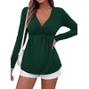 image:imageBTFBM Babydoll Tops for Women 2026 Fall Fashion Twist Front V Neck Flowy Long Sleeve Blouses Dressy Casual Peplum TopsDark Green