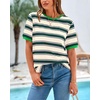 image:imageBTFBM Summer Tops for Women 2026 Crewneck Short Sleeve Striped T Shirts Casual Spring Clothes Color Block Basic Tee BlousesDark Green Apricot