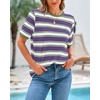 image:imageBTFBM Summer Tops for Women 2026 Crewneck Short Sleeve Striped T Shirts Casual Spring Clothes Color Block Basic Tee BlousesPurple White