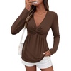 image:imageBTFBM Babydoll Tops for Women 2026 Fall Fashion Twist Front V Neck Flowy Long Sleeve Blouses Dressy Casual Peplum TopsBrown