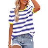 image:imageBTFBM Summer Tops for Women 2026 Crewneck Short Sleeve Striped T Shirts Casual Spring Clothes Color Block Basic Tee BlousesWhite Dark Blue