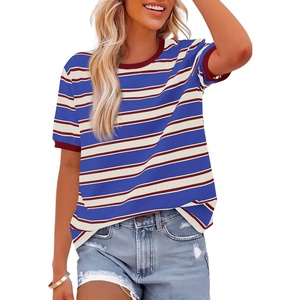 image:imageBTFBM Summer Tops for Women 2026 Crewneck Short Sleeve Striped T Shirts Casual Spring Clothes Color Block Basic Tee BlousesBlue Wine Red