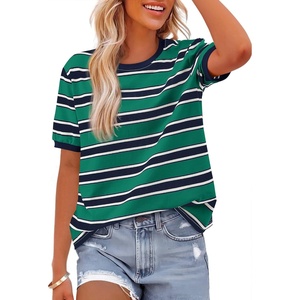 image:imageBTFBM Summer Tops for Women 2026 Crewneck Short Sleeve Striped T Shirts Casual Spring Clothes Color Block Basic Tee BlousesNavy Green