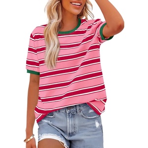 image:imageBTFBM Summer Tops for Women 2026 Crewneck Short Sleeve Striped T Shirts Casual Spring Clothes Color Block Basic Tee BlousesPink Rose Red