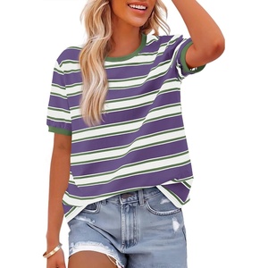image:imageBTFBM Summer Tops for Women 2026 Crewneck Short Sleeve Striped T Shirts Casual Spring Clothes Color Block Basic Tee BlousesPurple White
