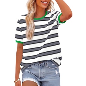 image:imageBTFBM Summer Tops for Women 2026 Crewneck Short Sleeve Striped T Shirts Casual Spring Clothes Color Block Basic Tee BlousesWhite Grey