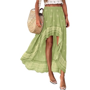 image:imageBTFBM Women 2026 Spring Summer Long Skirts Dress Boho Floral Elastic Waist Split Ruffle High Low Beach Maxi Skirt ClothesXlight Green