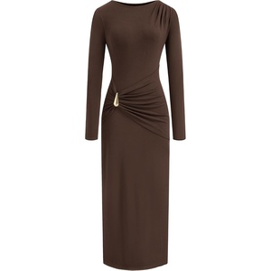 image:imageBTFBM Womens Long Sleeve Ruched Slit Maxi Wedding Guest Dress  Boat Neck Bodycon Semi Formal Dresses For Women Cocktail Party Homecoming Date Night Christmas Holiday Winter OutfitsBrown