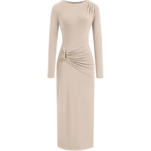 image:imageBTFBM Womens Long Sleeve Ruched Slit Maxi Wedding Guest Dress  Boat Neck Bodycon Semi Formal Dresses For Women Cocktail Party Homecoming Date Night Christmas Holiday Winter OutfitsBeige