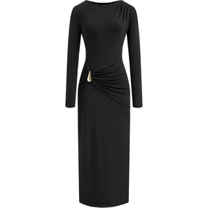 image:imageBTFBM Womens Long Sleeve Ruched Slit Maxi Wedding Guest Dress  Boat Neck Bodycon Semi Formal Dresses For Women Cocktail Party Homecoming Date Night Christmas Holiday Winter OutfitsBlack