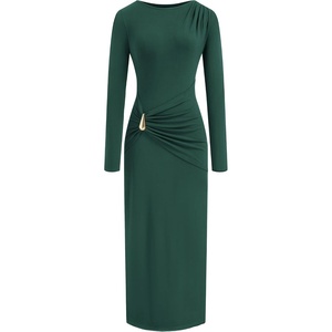 image:imageBTFBM Womens Long Sleeve Ruched Slit Maxi Wedding Guest Dress  Boat Neck Bodycon Semi Formal Dresses For Women Cocktail Party Homecoming Date Night Christmas Holiday Winter OutfitsGreen