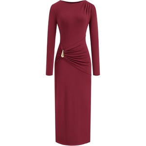 image:imageBTFBM Womens Long Sleeve Ruched Slit Maxi Wedding Guest Dress  Boat Neck Bodycon Semi Formal Dresses For Women Cocktail Party Homecoming Date Night Christmas Holiday Winter OutfitsBurgundy