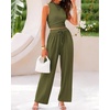image:imageBTFBM Summer Outfits For Women 2026 Ribbed Sleeveless Tank Tops Wide Leg Pants 2 Piece Sets Lounge Set ClothingArmy Green