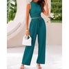 image:imageBTFBM Summer Outfits For Women 2026 Ribbed Sleeveless Tank Tops Wide Leg Pants 2 Piece Sets Lounge Set ClothingBlue Green