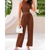 image:imageBTFBM Summer Outfits For Women 2026 Ribbed Sleeveless Tank Tops Wide Leg Pants 2 Piece Sets Lounge Set ClothingBrown