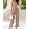 image:imageBTFBM Summer Outfits For Women 2026 Ribbed Sleeveless Tank Tops Wide Leg Pants 2 Piece Sets Lounge Set ClothingKhaki