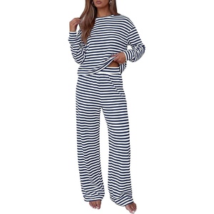 image:imageBTFBM Striped Lounge Set Sweatsuits Women 2 Piece Outfit  Womens Pajama SetsCrew NeckWide LegAirport Vacation OutfitsFall Winter ClothesWhite Navy
