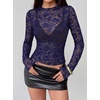 image:imageBTFBM Lace Long Sleeve Tops for Women Sexy Mesh Sheer Shirt  See Through Top Crew Neck Knit Slim Fitted Tight ShirtsCocktail Party Club Outfits2026 Fall WinterDark Blue