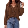 image:imageBTFBM Womens Fall Tops Ruffle Blouses Dressy Casual  Double Ruffled Collar V Neck Long Sleeve Shirts Lightweight Fashion Clothing 2026 Trendy Daily Business Office Work ClothesBrown