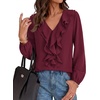 image:imageBTFBM Womens Fall Tops Ruffle Blouses Dressy Casual  Double Ruffled Collar V Neck Long Sleeve Shirts Lightweight Fashion Clothing 2026 Trendy Daily Business Office Work ClothesBurgundy