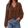 image:imageBTFBM Womens Fall Tops Ruffle Blouses Dressy Casual  Double Ruffled Collar V Neck Long Sleeve Shirts Lightweight Fashion Clothing 2026 Trendy Daily Business Office Work ClothesBrown