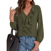 image:imageBTFBM Womens Fall Tops Ruffle Blouses Dressy Casual  Double Ruffled Collar V Neck Long Sleeve Shirts Lightweight Fashion Clothing 2026 Trendy Daily Business Office Work ClothesArmy Green