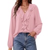 image:imageBTFBM Womens Fall Tops Ruffle Blouses Dressy Casual  Double Ruffled Collar V Neck Long Sleeve Shirts Lightweight Fashion Clothing 2026 Trendy Daily Business Office Work ClothesPink