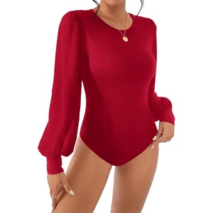 image:imageBTFBM Long Puff Sleeve Bodysuits for Women 2026  Crew Neck 2 Snap Crotch Thong ShapewearStretchy Knit High Cut LeotardsCasual Y2K Going Out TopsWinter LayerFall FashionRed